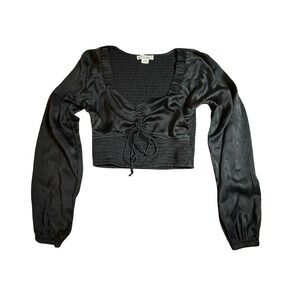American Eagle Black Crop Top Tie Front Long Sleeve Goth Y2K Boho‎ XXS